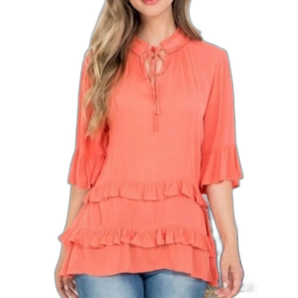 Doe & Rae Orange Ruffled Tie Neck Tunic Size M‎